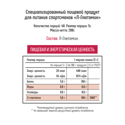 Л-глютамин Bionic Nutrition L-Glutamine, 200 г, 40 порций