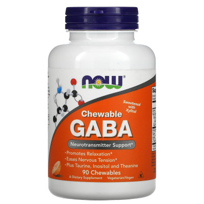 Гамма-аминомасляная кислота ГАБА, ГАМК Now Foods GABA, 250 мг, 90 жевательных таблеток, Апельсин