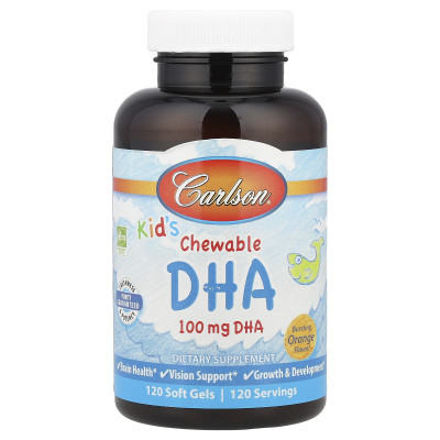 Докозагексаеновая кислота ДГК и Омега-3 для детей Carlson Labs Kids Chewable DHA, 100 мг, 120 гелевых капсул, Апельсин