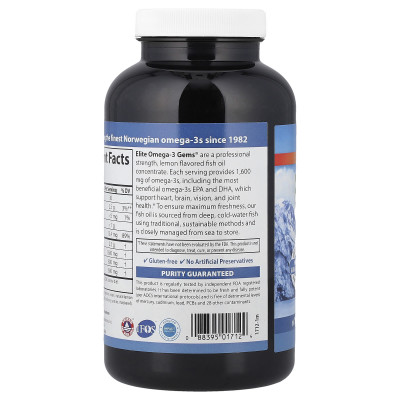 Омега-3 рыбий жир Carlson Labs Elite Omega-3 Gems®, 180 мягких гелевых капсул, Лимон