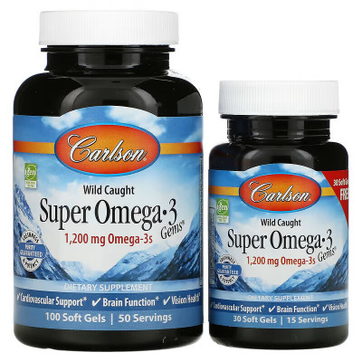 Омега-3 рыбий жир Carlson Labs Super Omega-3, 1200 мг, 100 + 30 капсул