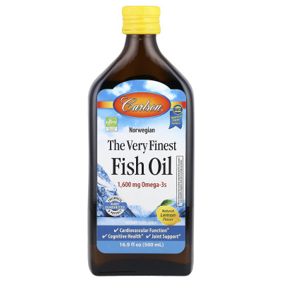 Рыбий жир Омега-3 Carlson Labs The Very Finest Fish Oil, 1600 мг, 500 мл, Натуральный лимон