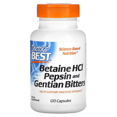 Бетаин гидрохлорид, пепсин и горечавка Doctor's Best Betaine HCI Pepsin & Gentian Bitters, 120 капсул