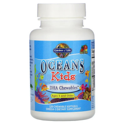 Докозагексаеновая кислота ДГК и Омега-3 Garden of life Oceans Kids, 120 жевательных таблетки, Ягоды-лайм
