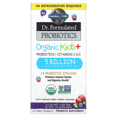 Пробиотики для детей Garden of life Dr. Formulated Probiotics Organic Kids+, 30 жевательных таблеток, Ягоды-черешня