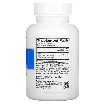 Лютеин Lake avenue nutritione Lutein, 10 мг, 60 капсул