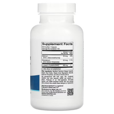 N-ацетилцистеин с селеном и молибденом Lake avenue nutrition N-Acetyl-L- Cysteine, 600 мг, 120 растительных капсул