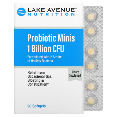 Пробиотик 2 штамма здоровых бактерий Lake avenue nutrition Probiotic Minis, 2 Strain Blend, 1 Billion CFU, 90 мягких капсул