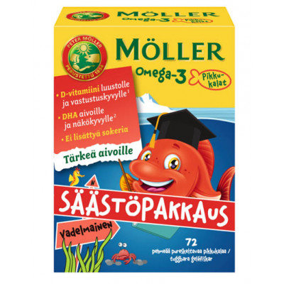 Рыбий жир Омега-3 для детей Moller Little Fish Omega-3, 72 желейные рыбки, Малина
