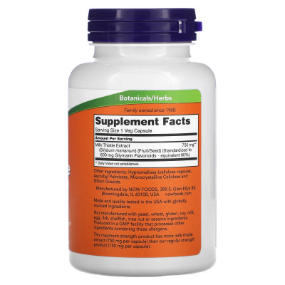 Экстракт расторопши Now Foods Milk Thistle Extract Silymarin, 750 мг, 90 капсул