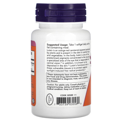 Лютеин Now Foods Lutein, 10 мг, 60 мягких гелевых капсул