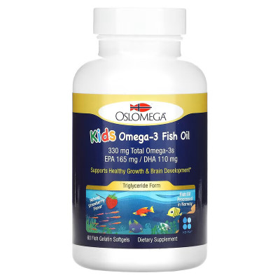 Рыбий жир с омега-3 для детей Oslomega Kids Omega-3 Fish Oil, 330 мг, 60 капсул, Клубника