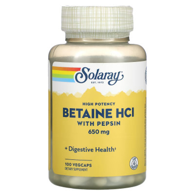 Бетаин гидрохлорид и пепсин Solaray Betaine HCL with Pepsin, 650 мг, 100 капсул