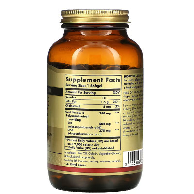 Рыбий жир Омега-3 + ЭПК и ДГК Solgar Omega-3 Triple Strength, 950 мг, 100 капсул
