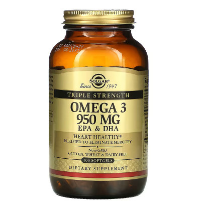 Рыбий жир Омега-3 + ЭПК и ДГК Solgar Omega-3 Triple Strength, 950 мг, 100 капсул