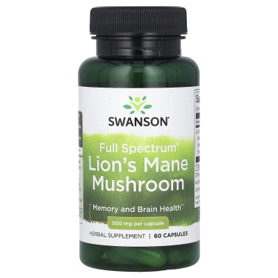 Ежовик гребенчатый Swanson Full Spectrum Lion's Mane Mushroom, 500 мг, 60 капсул