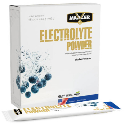 Электролиты порционные Maxler Electrolyte powder, упаковка 15 стиков по 6.8 г, Черника