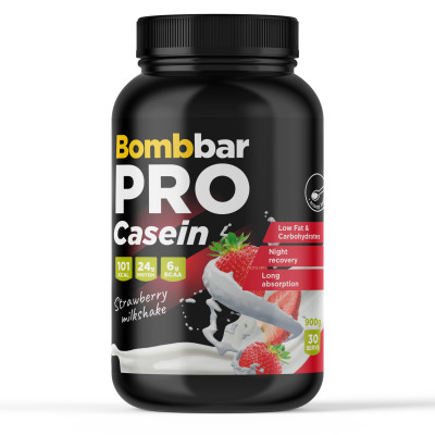 Казеин Bombbar Pro Casein, 900 г, Клубничный милкшейк