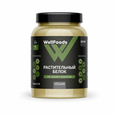 Протеин растительный белок конопляный WellFoods Vegan, 500 г