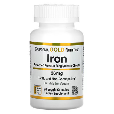 Бисглицинат железа California Gold Nutrition Iron, 36 мг, 90 капсул