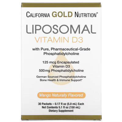 Липосомальный витамин Д3 California Gold Nutrition Liposomal Vitamin D3, 5 мл, 30 пакетиков, Манго