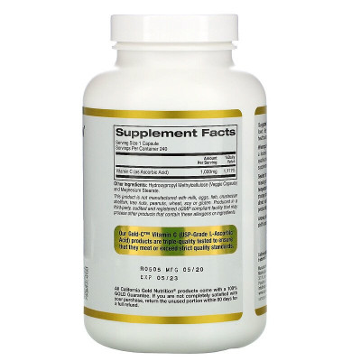 Витамин С California Gold Nutrition Gold C, 1000 мг, 240 вегетарианских капсул