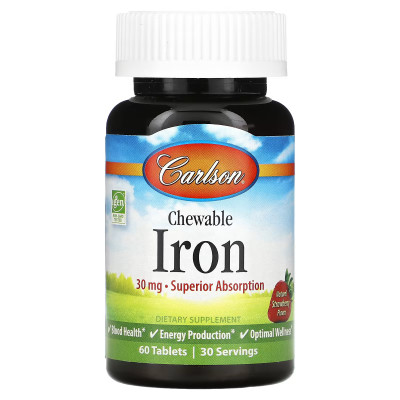Жевательные таблетки с железом Carlson Labs Iron, 30 мг, 60 жевательных таблеток, Клубника