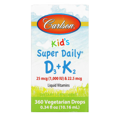 Витамины Д3 и К2 для детей Carlson Labs Kid's, Super Daily D3 + K2, 25 мкг (1,000 IU), 10,16 мл
