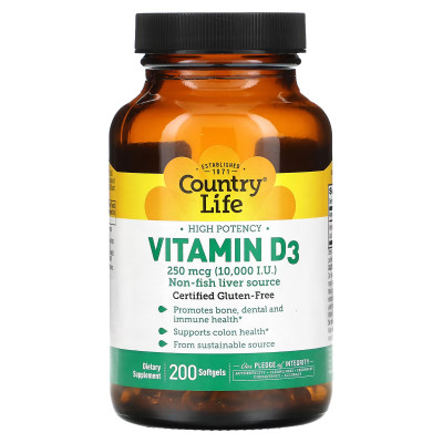 Витамин Д3 Country Life Vitamin D3, 10000 IU, 200 мягких капсул