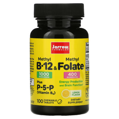 Метилкобаламин и метилфолат витамин В12 Jarrow Formulas Methyl B12 methylfolate, 100 жевательных таблеток, Лимон