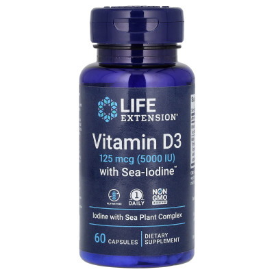 Витамин Д3 с йодом Life Extension Vitamin D3 with Sea-Iodine, 125 мкг (5,000 IU), 60 капсул