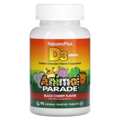 Витамин Д3 для детей Nature's Plus Animal Parade Vitamin D3, 500 IU, 90 жевательных таблеток, Черешня