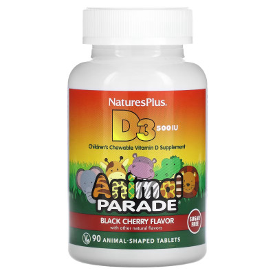 Витамин Д3 для детей без сахара Nature's Plus Animal Parade Vitamin D3 (Sugar Free), 90 жевательных таблеток, Черная вишня