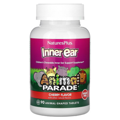 Витамины для детей для здоровья внутреннего уха Nature's Plus Animal Parade Children's Chewable Inner Ear Support, 90 жевательных таблеток, Вишня