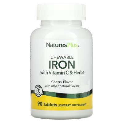 Высокоэффективное железо с витамином С Nature's Plus Chewable Iron with Vitamin C and Herbs, 90 жевательных таблеток, Вишня