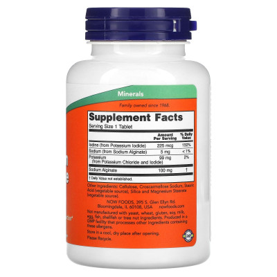 Калий плюс йод Now Foods Potassium plus Iodine, 99 мг, 225 мг, 180 таблеток