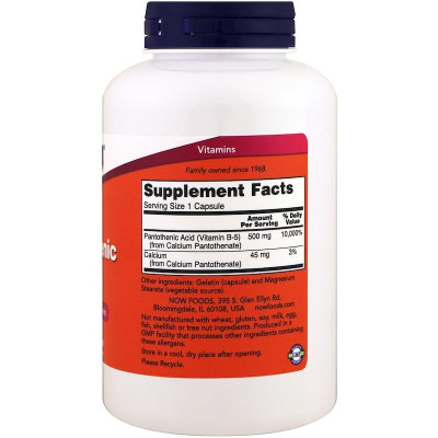 Пантотеновая кислота Now Foods Pantothenic Acid, 500 мг, 250 капсул