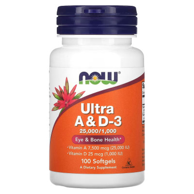 Ультра добавка витамины А и Д Now Foods Ultra Vitamin A & D, 25,000 IU/1000 IU, 100 мягких гелевых капсул