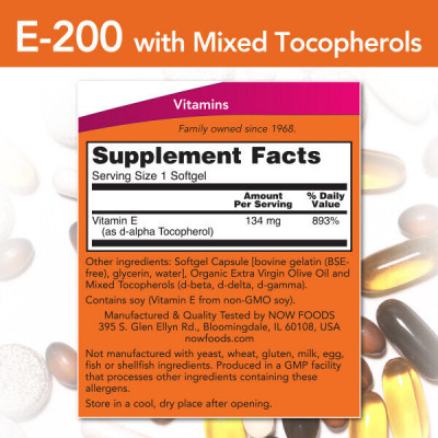 Витамин E Now Foods Vitamin E-200 with Mixed Tocopherols, 100 капсул
