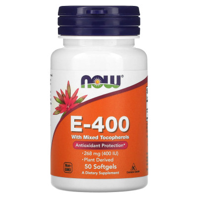 Витамин E Now Foods Vitamin E With Mixed Tocopherols, 400 IU, 50 мягких гелевых капсул