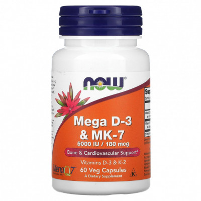 Витамин мега Д3 Now Foods Mega D3 MK-7, 5000 IU,180 мкг, 60 капсул
