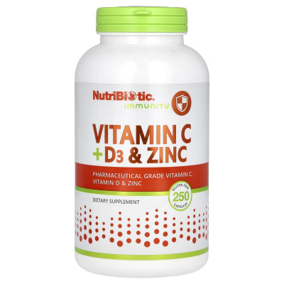 Витамины C + Д3 и цинк NutriBiotic Vitamin C + D3 & Zinc, 250 капсул