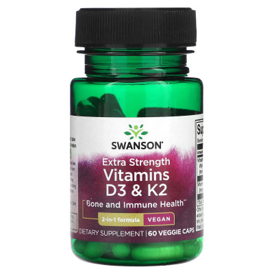Витамины Д3 и К2, повышенная сила действия Swanson Extra Strength D3 & K2, 60 капсул