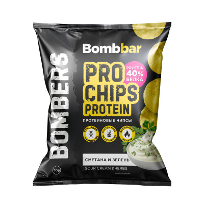 Чипсы протеиновые Bombbar Bombers Pro chips protein, 50 г, Сметана и зелень