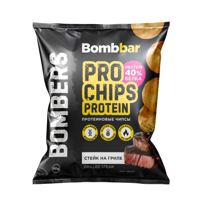 Чипсы протеиновые Bombbar Bombers Pro chips protein, 50 г, Стейк на гриле