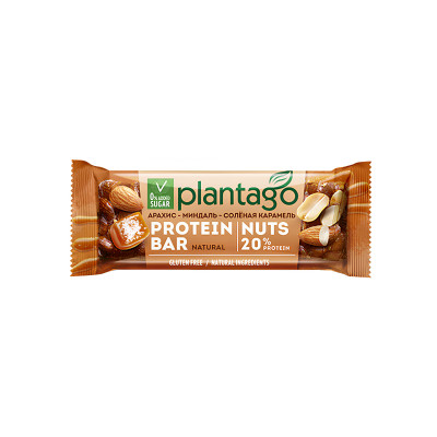 Протеиновый батончик Plantago Protein Bar Nuts, 40 г, Арахис-миндаль-соленая карамель